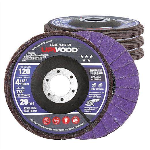 5-Pack 4.5" x 7/8" Ceramic Flap Disc, 120 Grit, Bevel Type #29, Premium Industrial Grade, High-Performance Angle Grinder Grinding Wheel for Edge Grinding - Purple