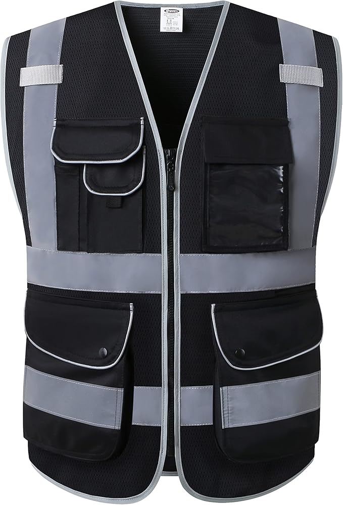 JKSafety 9 Pockets High Visibility Safety Vest for Men and Women, Hi-Vis Reflective Black Safety Vests with Zipper Front, Meet ANSI/ISEA Standards (159-Black 3XL)