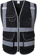 JKSafety 9 Pockets High Visibility Safety Vest for Men and Women, Hi-Vis Reflective Black Safety Vests with Zipper Front, Meet ANSI/ISEA Standards (159-Black XL)