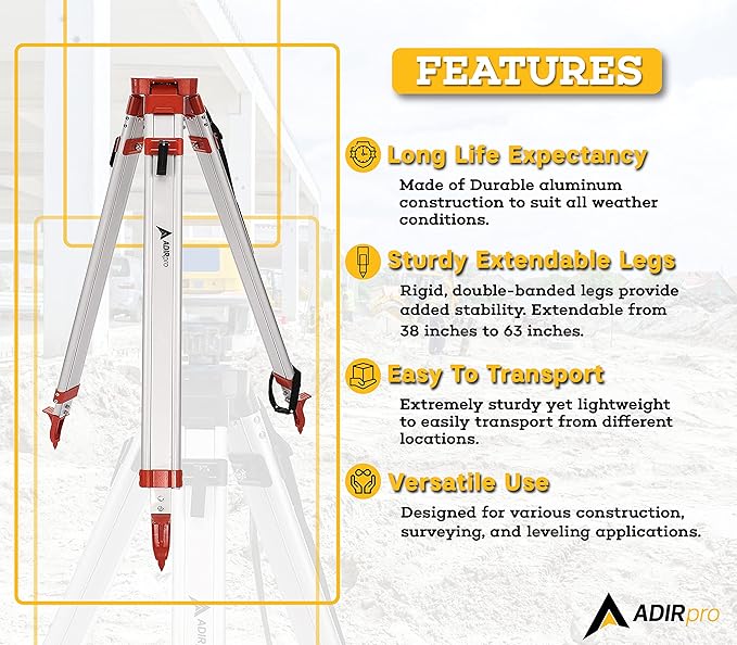 AdirPro Universal Survey Tripod – Laser Level Tripod – Transit Level Tripod - Quick Clamp - Heavy Duty Contractor Tripod 5/8” x 11” Thread (Orange Aluminum)