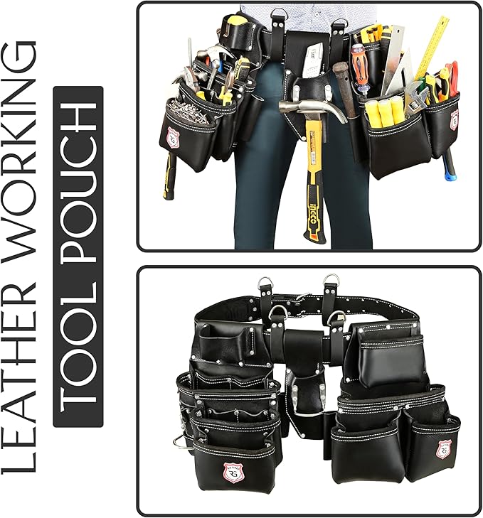 Leather Tool Belt with Adjustable Hook - Premium Heavy Duty Tool Belts for Men with 22 Multi-Purpose Pocket Tool Pouch (Black, Standard), RG-004
