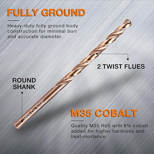 3/16 Inch Cobalt Drill Bits (10pcs), M35 High Speed Steel, 135 Degree Tip, Jobber Length Twist Drill Bit Set for Hard Metal, Stainless Steel, Cast Iron, Wood and Plastic, with Storage Case