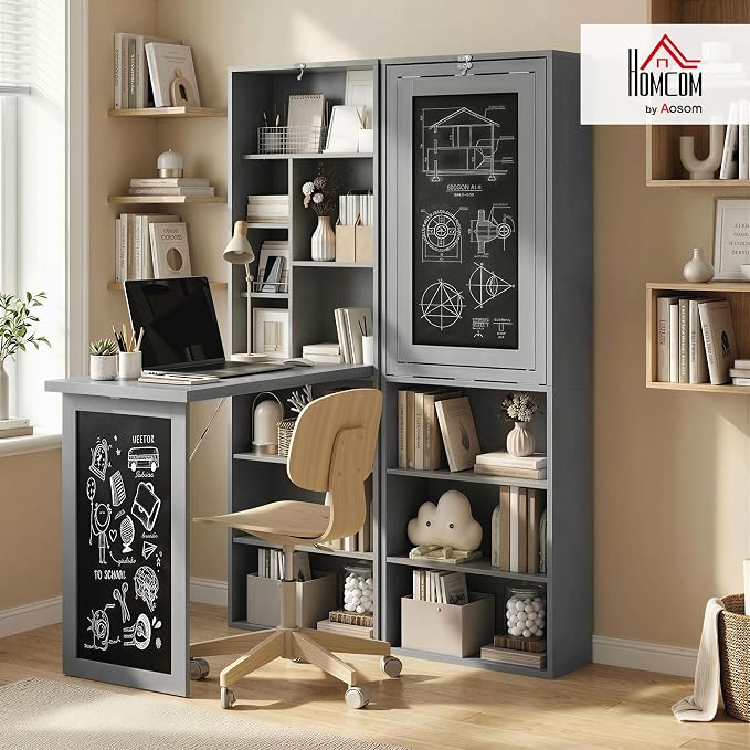 HOMCOM Foldable Convertible Writing Table Computer Desk, Charcoal Gray | Wall - Image 2