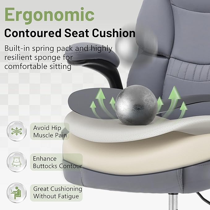500LBS Drafting Chair, High Back Safer Standing Desk Chair, Executive Tall Office Chair with Flip-up Armrests, Upholstered PU Leather Task Chair, Ergonomic Seat with Adjustable Height&Foot Ring, Grey