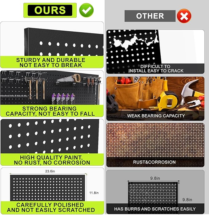 4 Pack Metal Pegboard Panels 24" x 12" Black Heavy Duty Steel Pegboard Wall Organizer, Garage Utility Tools Pegboard Storage System for Workbench, Shop, Shed Modular Peg Board Organizer Board Kit
