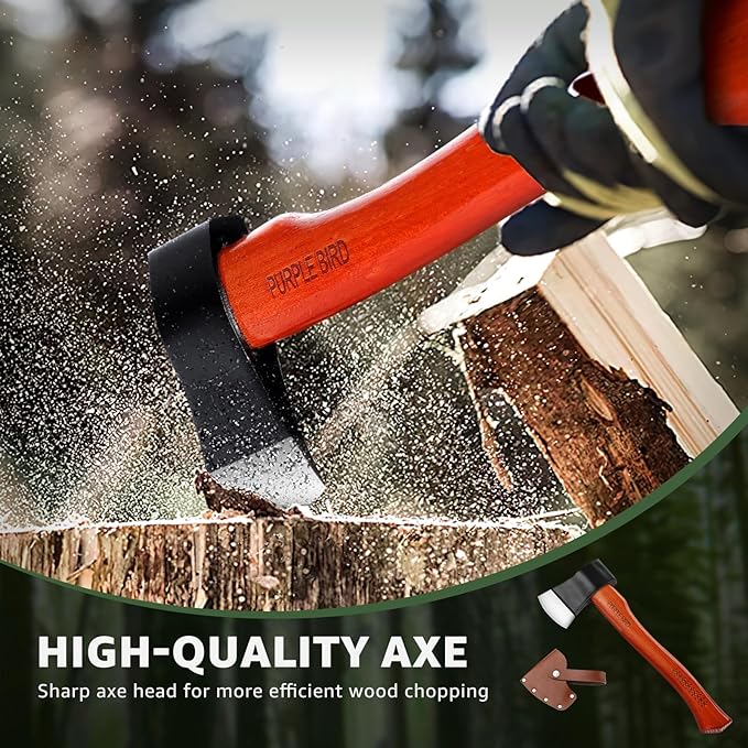 PURPLEBIRD 15'', Wood Splitting Axe, Camping & Bushcraft Hatchet, Hand Axe for Tree Cutting & Gardening