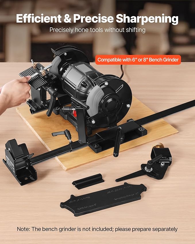 VEVOR Pro Grind Sharpening System, Multi-Grind Sharpening Jig for 6" & 8" Bench Grinder - with Platform Jig, Tool Rest Bar, Setup Block, Miter Slide, Micro Bevel Block, for Chisels Woodturning Tools