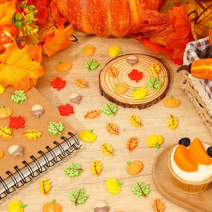 JUNEBRUSHS 80 Pcs Fall Mini Resin, Pumpkins Acorn Maple Oak Leaves Flatback - Image 5