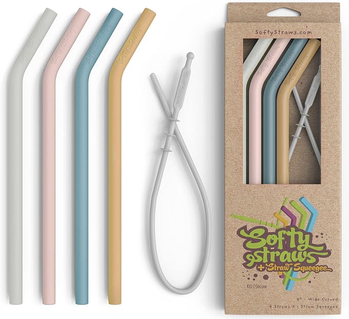 Premium Reusable Silicone Drinking Straws + Patented Straw Squeegee by SoftyStraws