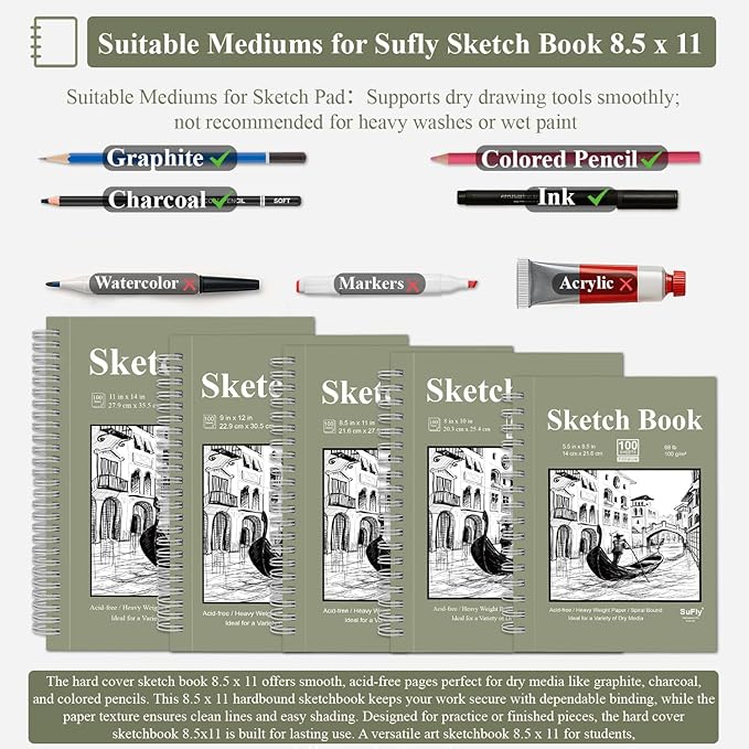 Sketch Book 8.5"x11", Spiral Sketchbook Pack of 2, SuFly 200 Sheets Acid Free - Image 5