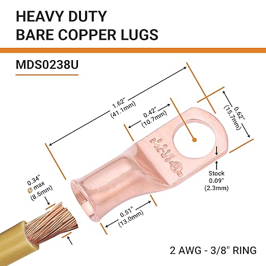 SELTERM 25pcs 2 AWG 3/8" Stud Battery Lugs, Ring Terminals, Heavy Duty Copper Wire Lugs, Battery Cable Ends, 2 Gauge Ring Terminal Connectors, UL Bare Copper Eyelets Electrical Battery Cable Lugs