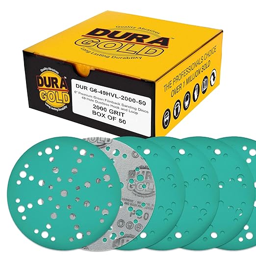 Dura-Gold Premium 2000 Grit 6" Green Film Sanding Discs, 49-Hole Pattern, Box of 50 - Heavy-Duty Dustless Hook & Loop Backing Sandpaper for DA, Random Orbital Sander, Detail Color Sand Auto Paint Wood