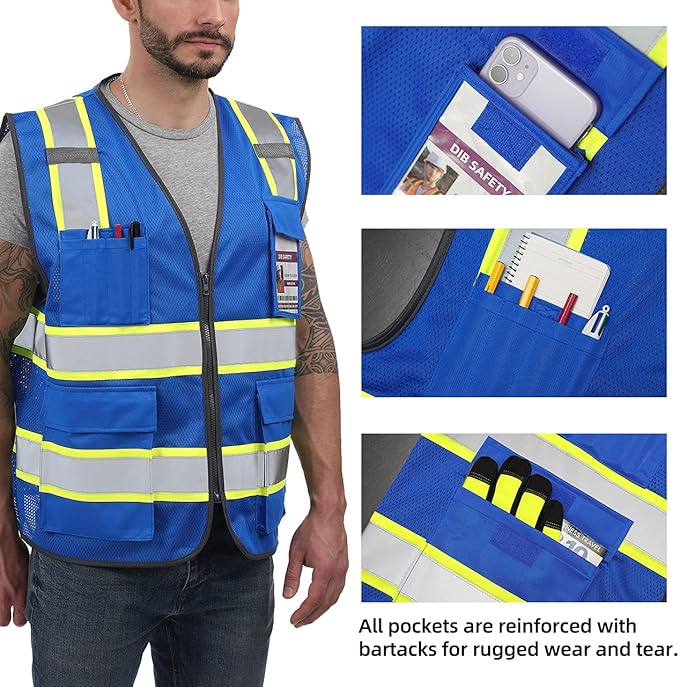 Dib Safety Reflective Mesh Vest High Visibility Two Tone with Pockets and Zipper, Blue Mesh with Yellow Trim 3X