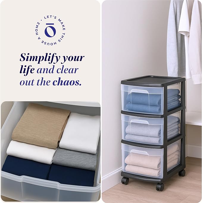 HOMZ 2-Pack Drawer Tower, 3-Tier Clear Plastic Storage Organizer Cart, and - Image 7