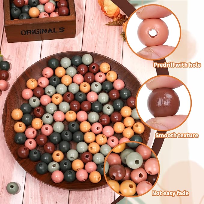 Whaline 240 Pcs Modern Boho Color Wooden Beads Sage Green Pink Orange Brown - Image 3