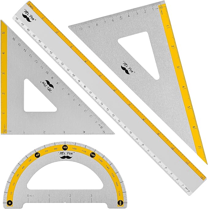 Mr. Pen- Metal Geometry Kit, 4 Pack, 45° & 30°/60° Set Squares | 6" Protractor by MrPen