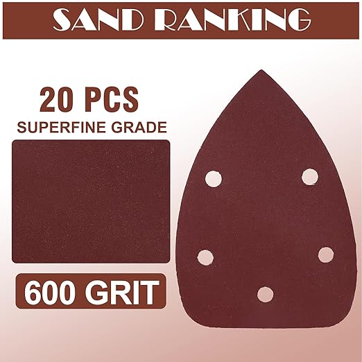 600 Grit Mouse Sander Sandpaper, Jamiikury 5 Hole Detail Sander Sandpaper Palm Sander Paper Mouse Sanding Pads Hook and Loop Sanding Sheets - Pack of 20
