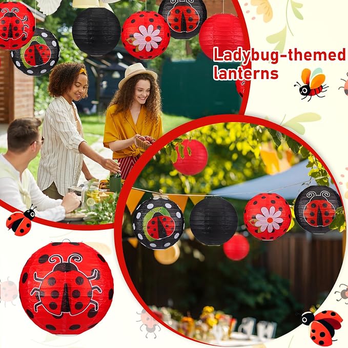 Panelee 12 Pcs Ladybug Party Decorations Paper Lanterns 8 Inch Hanging Round - Image 6