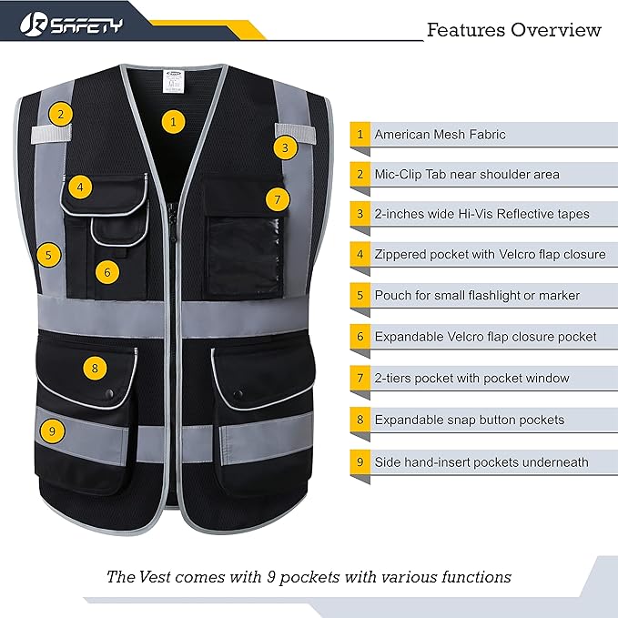 JKSafety 9 Pockets High Visibility Safety Vest for Men and Women, Hi-Vis Reflective Black Safety Vests with Zipper Front, Meet ANSI/ISEA Standards (159-Black 4XL)