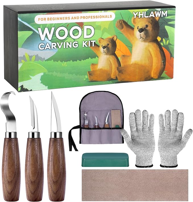 YHLAWM Wood Whittling Kit for Beginners, 7 Pcs Wood Carving Kit with 3 Pcs Carving Knives & 4 Pcs Carving Auxiliary Tools, Starters Carving Set, Gift Set for Kids and Adults