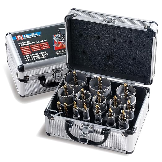 HIGHFIRE 20pcs Carbide Hole Saw Kit with Case, Carbide Tipped Hole Cutter with Pilot Drill bit for Stainless Steel, Iron, Aluminum, Alloy, Plastic