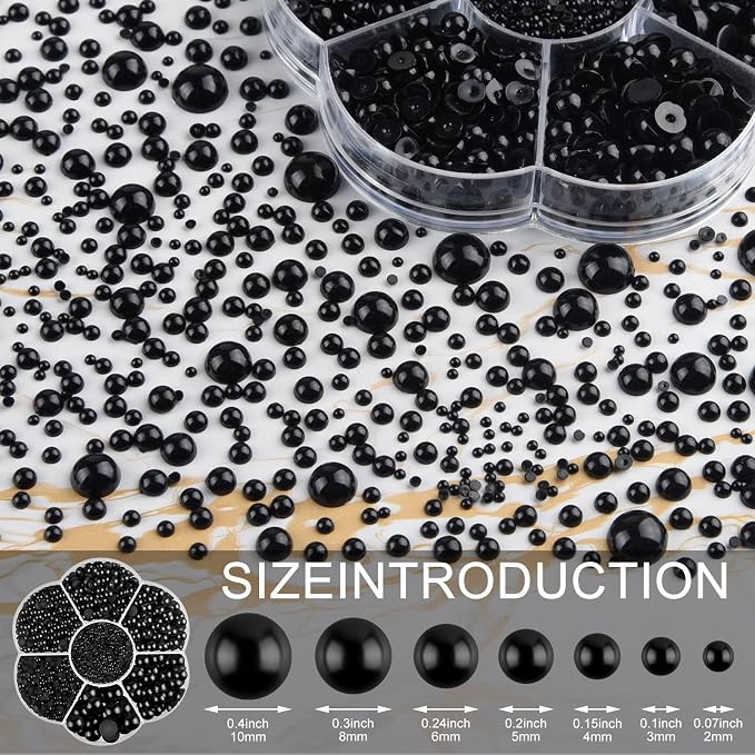 NACHLYNN 6480 Pcs Flat Back Pearl 7 Sizes Half Round Bead Black - Image 2