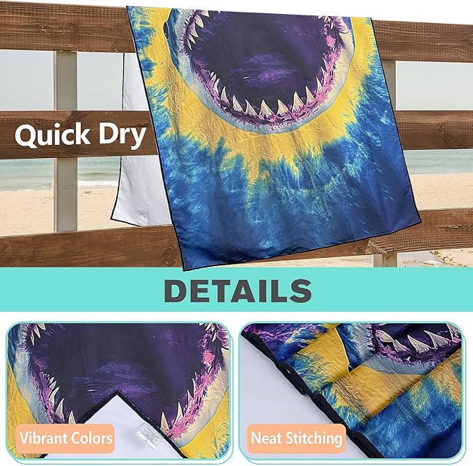 Tie Dye Shark Beach Towel Oversized 36" x 72", Thin Lightweight Sand Free Quick Dry Microfiber Towel for Swimming Pool Cruise Camping Travel