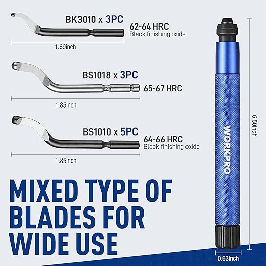 WORKPRO Deburring Tool with 11 Extra High Speed Steel Swivel Blades - 360 Degree Rotary Head Deburring Tool for Metal, Resin, Aluminum, Copper, Plastic, 3D Printing, Wood
