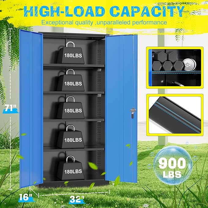 Pataku Metal Storage Cabinet, 71" Garage Cabinet with Doors and Shelves Lockable Steel Multifunctional Cabinets, File Cabinets for Home, Office, Garage, Warehouse(Dark Blue)