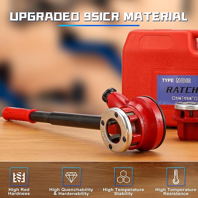 Pipe Threader Ratchet Kit， Manual Ratcheting Pipe Threading Tool Set with 3 NPT Dies 1/2" NPT, 3/4" NPT, 1" NPT,Portable Cast Iron Pipe Threading Set for Galvanized Aluminum Iron Copper PVC Pipes