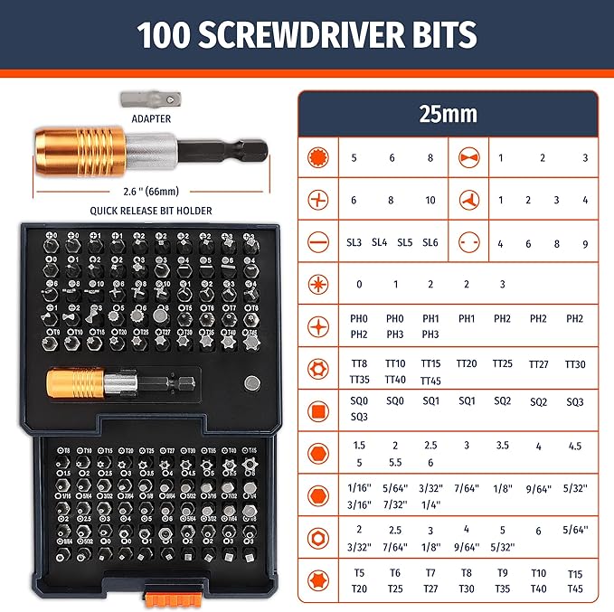 PRIDE&CRAFT 102PC Screwdriver Bits Set With 1/4'' Quick Release Bit Holder, Premium Security Screwdriver Bit Set, Magnetic Drill Bit Holder