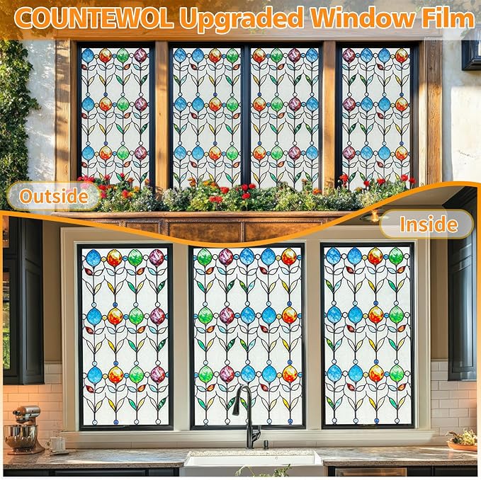 Countewol Frosted Privacy Window Film Stained Glass Style Adhesive-Free - Image 4