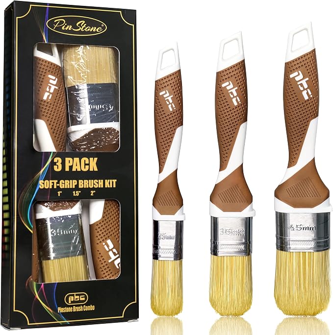 3 Pack Pro Paint Brush Set, Comfy Rubber Handle, Ultra-Smooth & Even Finish by Pinstone