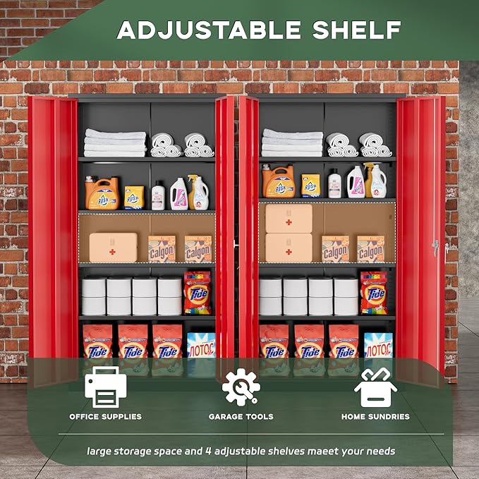 Greenvelly Metal Garage Storage Cabinet, 72" Black Red Tool Steel Locking Cabinet with Doors and 4 Shelves, Tall Cabinets for Garage Storage Systems Lockable File Cabinet for Home Office,Garage