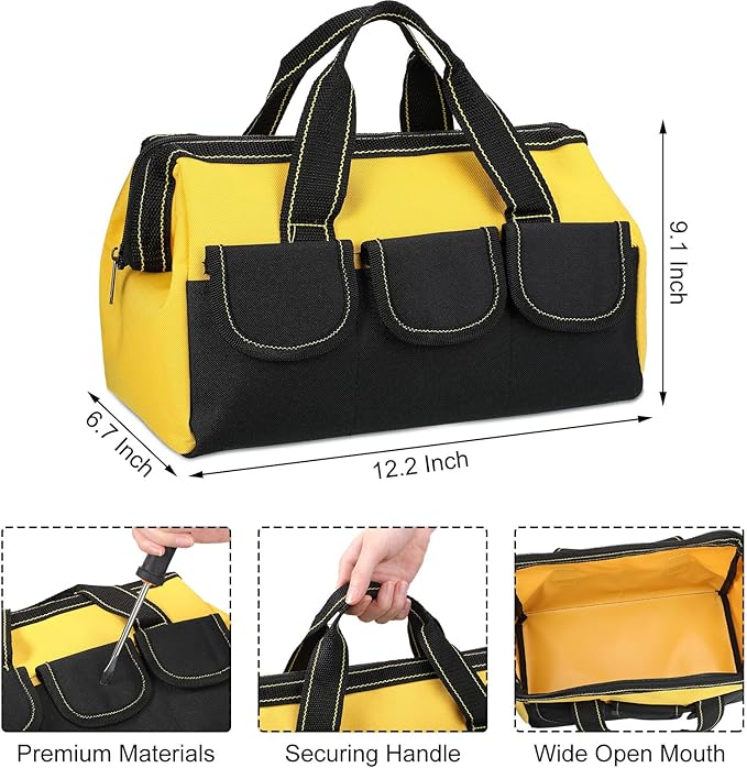 4 Pieces Tool Bag with Waterproof Strong Molded Base Multi Pockets Wide Mouth Tool Tote Multifunctional Tool Bag Large Capacity Organizer Heavy Duty Tool Storage Bag (Yellow,13 Inch)