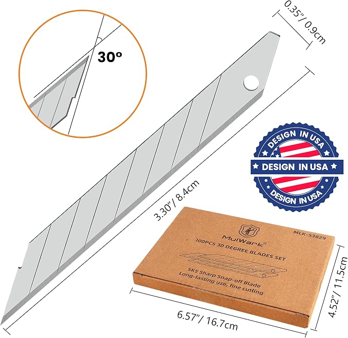 MulWark 100PC 9MM Snap Off 30 Degree Utility Knife Replacement Blades - Image 2
