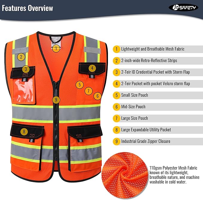 JKSafety Hi Vis Reflective Safety Vests for Men Women High Visibility Vest with Pockets Mesh Fabric Construction Safety Apparel Neon Vest for Work (220-Orange L)