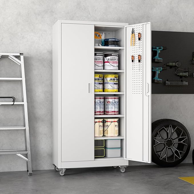 Metal Garage Storage Cabinet with Pegboard, 71''H*32" W*16" D Rolling Tool Cabinets on Wheels with 5 Adjustable Shelves for Garage Home Warehouse Utility Room, Assembly Required,White