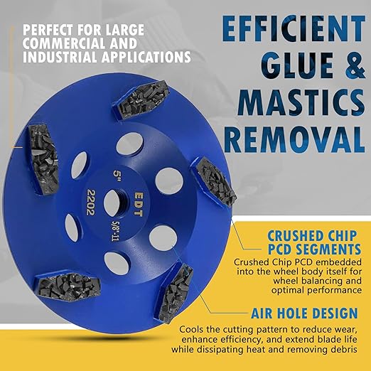 5" PCD Grinding Wheel for Epoxy, Glue, Mastic and Paint, 5 Crushed Chip PCD Segments, 5/8"-11 Threaded Arbor