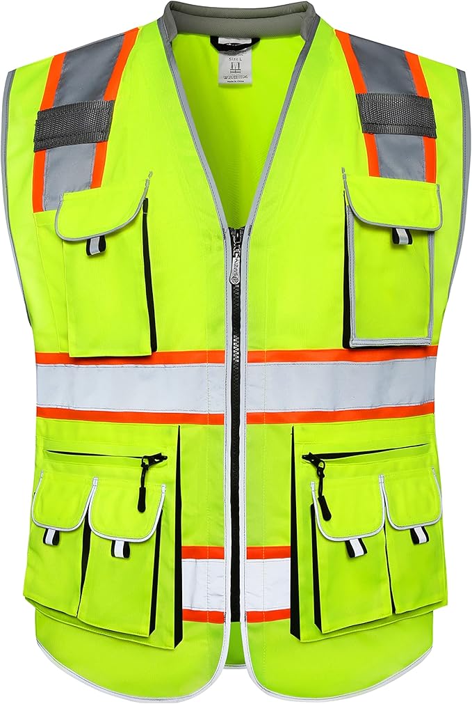 JKSafety 10 Pockets Class 2 Hi-Vis Zipper Front Yellow Safety Vest | Cushioned Collar | High Reflective Tapes with Extended Neon Orange Strips | Meets ANSI/ISEA Standards (4X-Large, 89-Yellow)