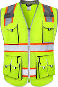 JKSafety 10 Pockets Class 2 Hi-Vis Zipper Front Yellow Safety Vest | Cushioned Collar | High Reflective Tapes with Extended Neon Orange Strips | Meets ANSI/ISEA Standards (4X-Large, 89-Yellow)