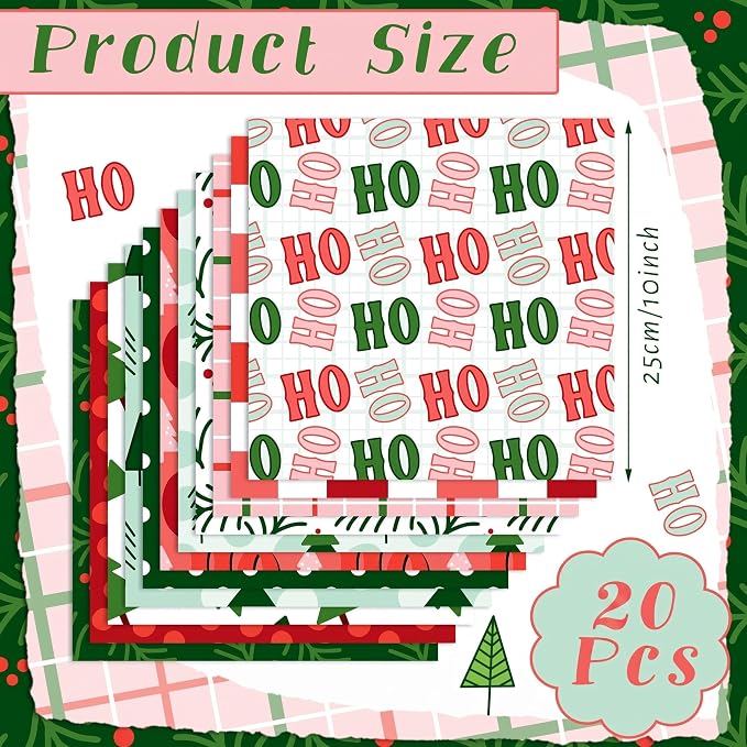 HunnmingRe 20 Pcs 10''x10'' Christmas Red and Green Quilting Fabric Square - Image 2