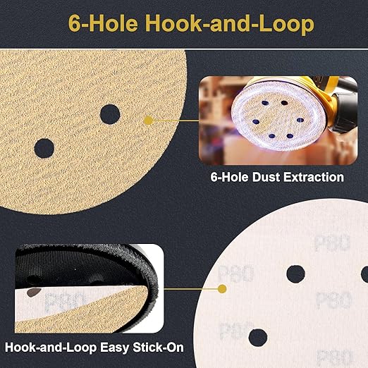 105 PCS 6 Inch Sanding Discs, 6 Hole Hook and Loop Gold Round Sandpaper for Random Orbital Sander 60 80 120 180 220 320 400 Grit