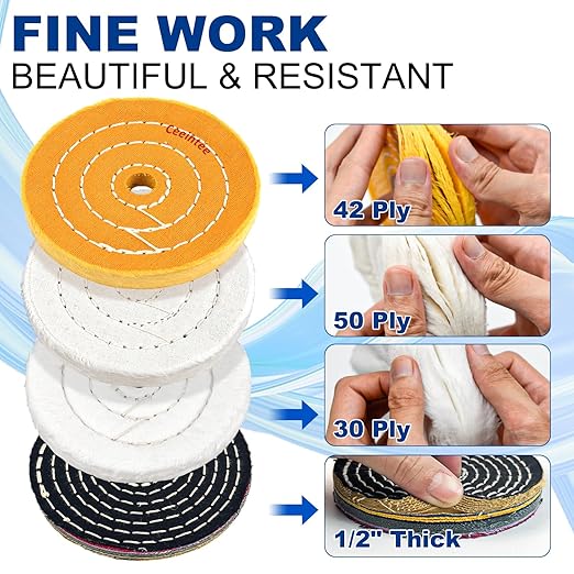 10Pcs 4'' Buffing Polishing Wheel with 1/4‘’ Drill Shank， Include 1/2" Arbor Hole 2 Yellow Cotton/2 White Cotton Polish Wheels/1 Soft Flannel Buffing Wheel/1 Denim Wheel &3 Polishing Compound