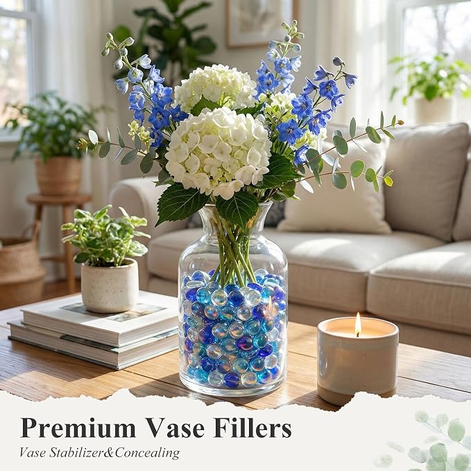 DomeStar 65PCS Iridescent Blue Flat Marbles, Decorative Glass Pebbles | Vase - Image 3