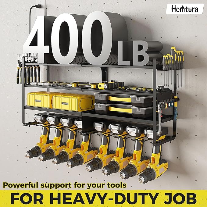 ‌Heavy Duty 4-Layer Power Tool Organizer Wall Mount with 8 Outlet Power Strip- Holds 8 Cordless Drills, 400lbs Capacity Metal Garage Storage Rack‌