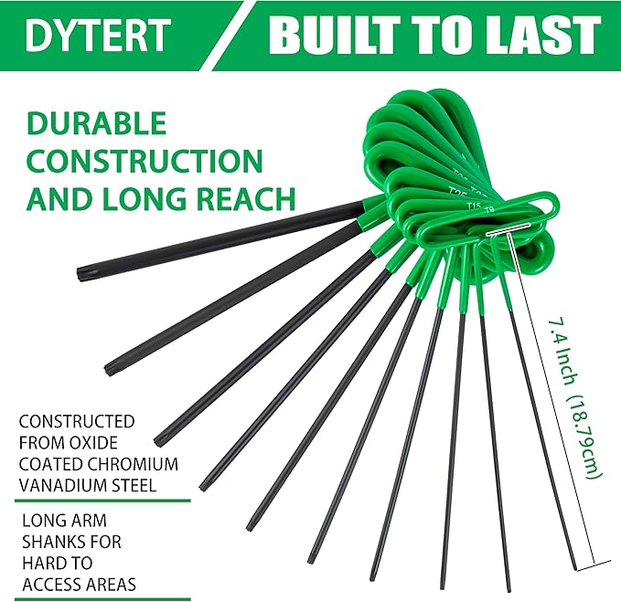 10-Piece Green Torx Star T-Handle Allen Hex Key Wrench Set（T9-T50-7.4 inches long， CR-V Material, Printed Specifications, Versatile Tool for DIY