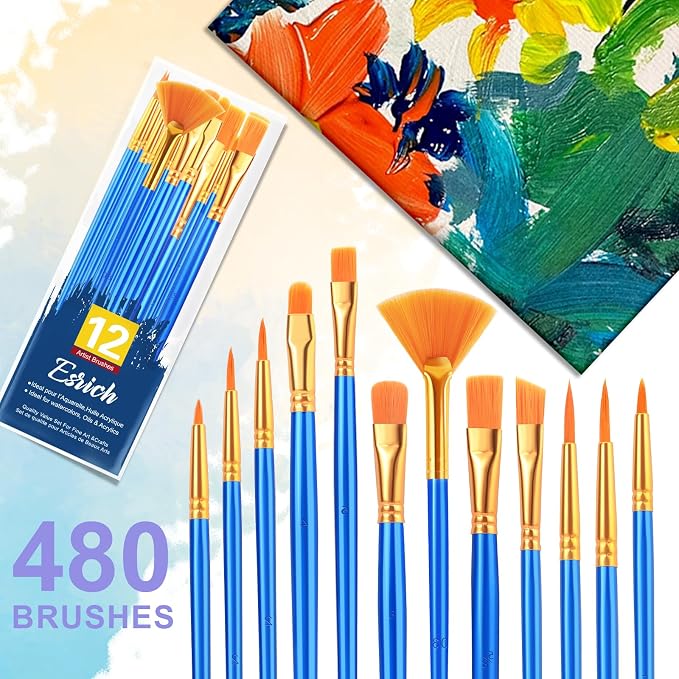 ESRICH 40pack/480pcs Paint Brushes, Nylon Hair Paint Brushes Set Round-Pointed - Image 7