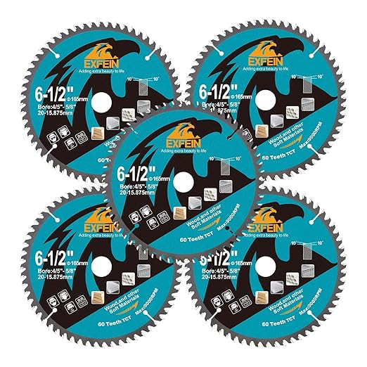 6-1/2 Inch Miter/Table Saw Blades 5pcs, 60 Teeth ATB TCT Fine Finish Wood Cutting Circular Saw Blade with 4/5|5/8 Inch Arbor