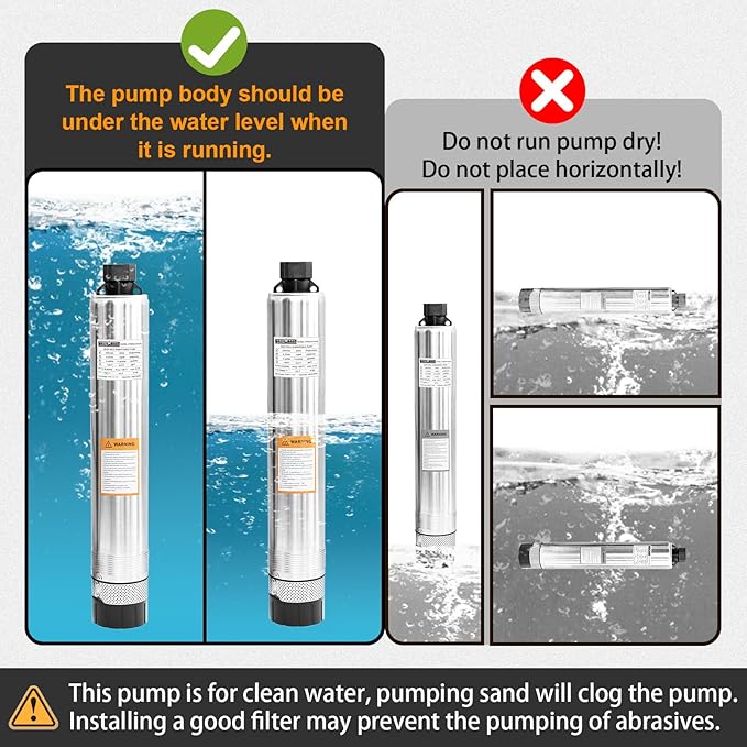 WASSERMANN 4" Septic Submersible Effluent/Cistern Bottom Suction Pump With 33FT Cable, 1/2HP, 230V/60HZ, 26GPM, 138FT Head, Stainless Steel Deep Well for Septic Tank Home